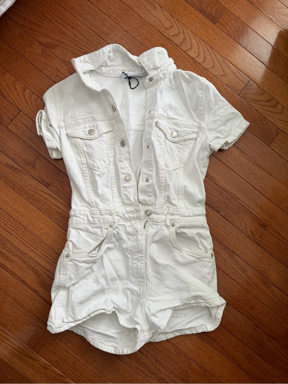 Zara White Short Sleeve Denim One-Piece Romper